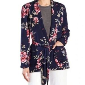 Joie Womens Anasophia One Button Silk Blazer Jacket Belted Blue Floral Women's S